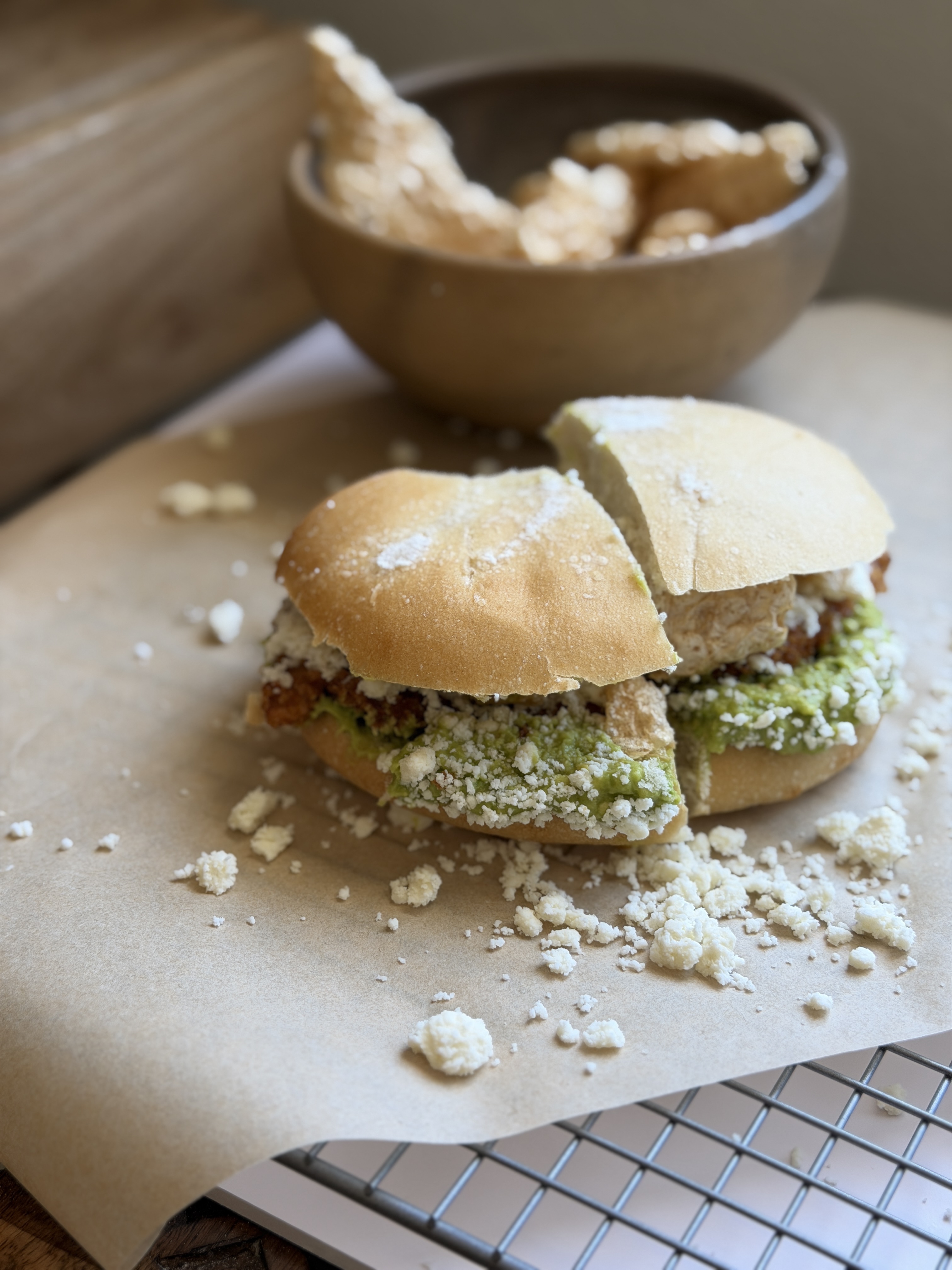 Aguacatorta sandwich with avocado, queso fresco and crispy milanesa